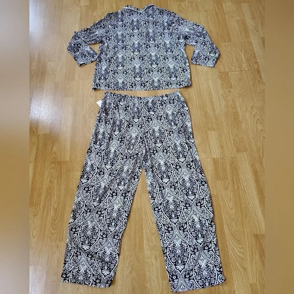 Ellen Tracy Long Sleeve Collared Paisley 2 Piece Pajama Set Sz XL